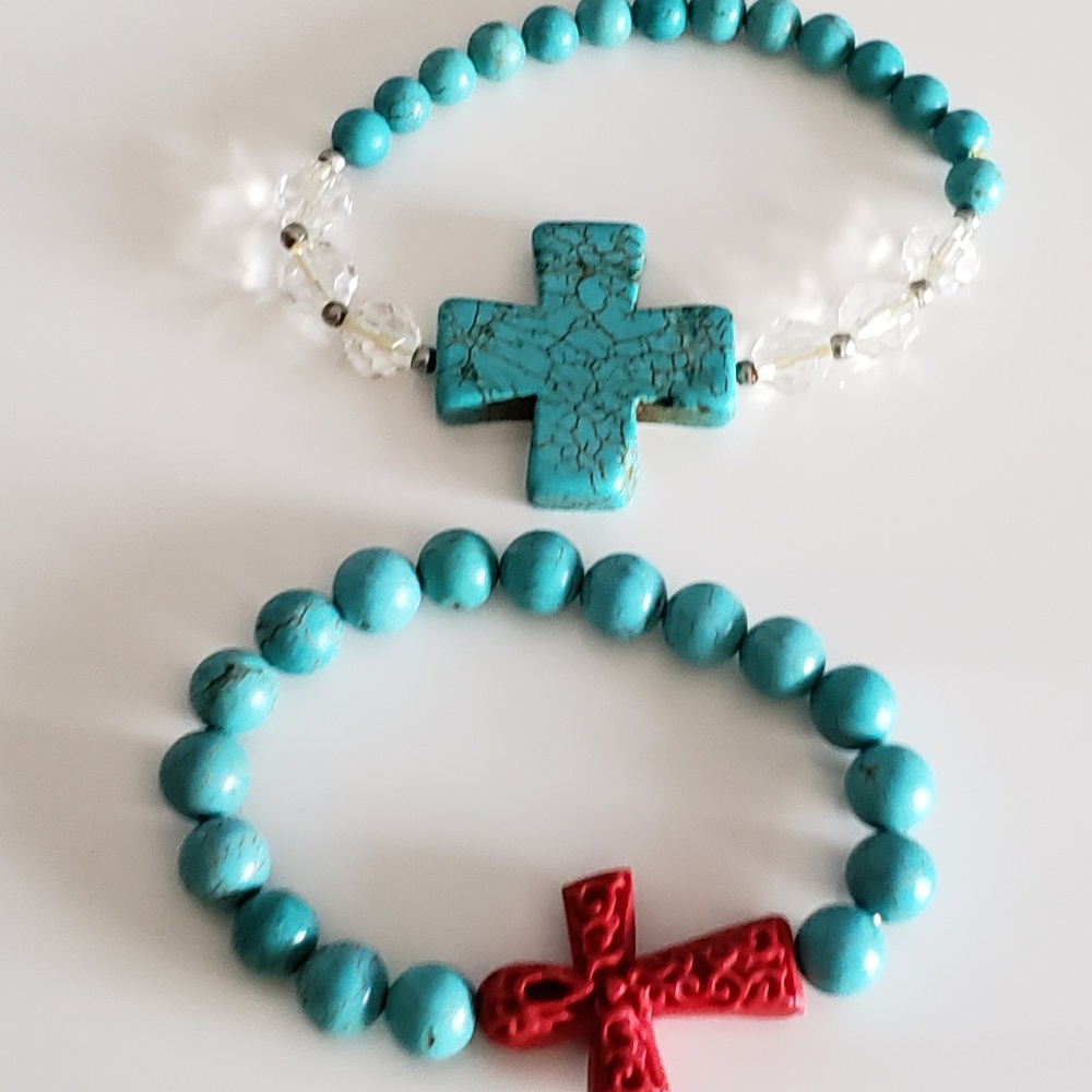 2 Turquoise Cross Bead Bracelets Fashion Jewels